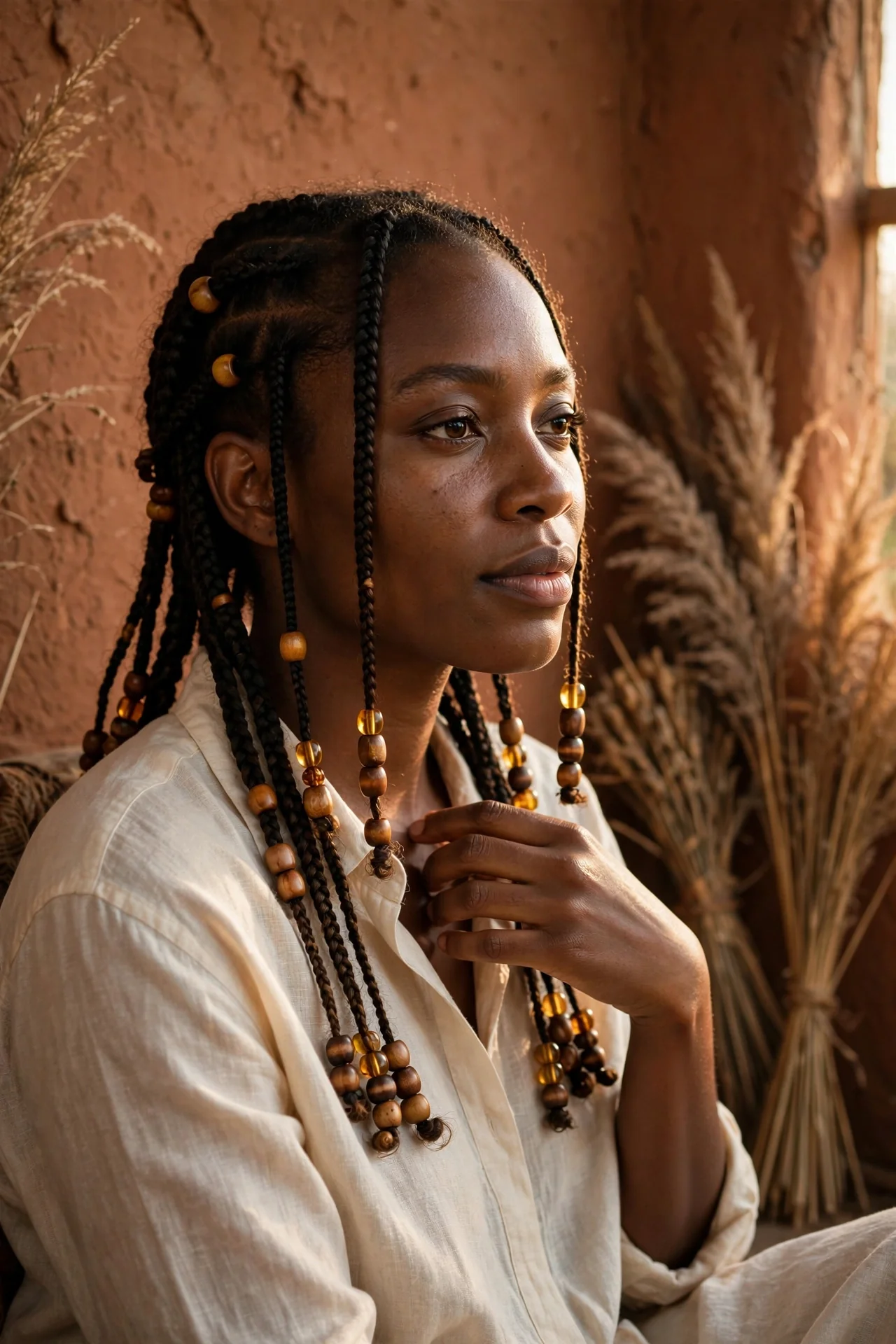 Beaded Fulani Braids with Wooden and Amber Accents