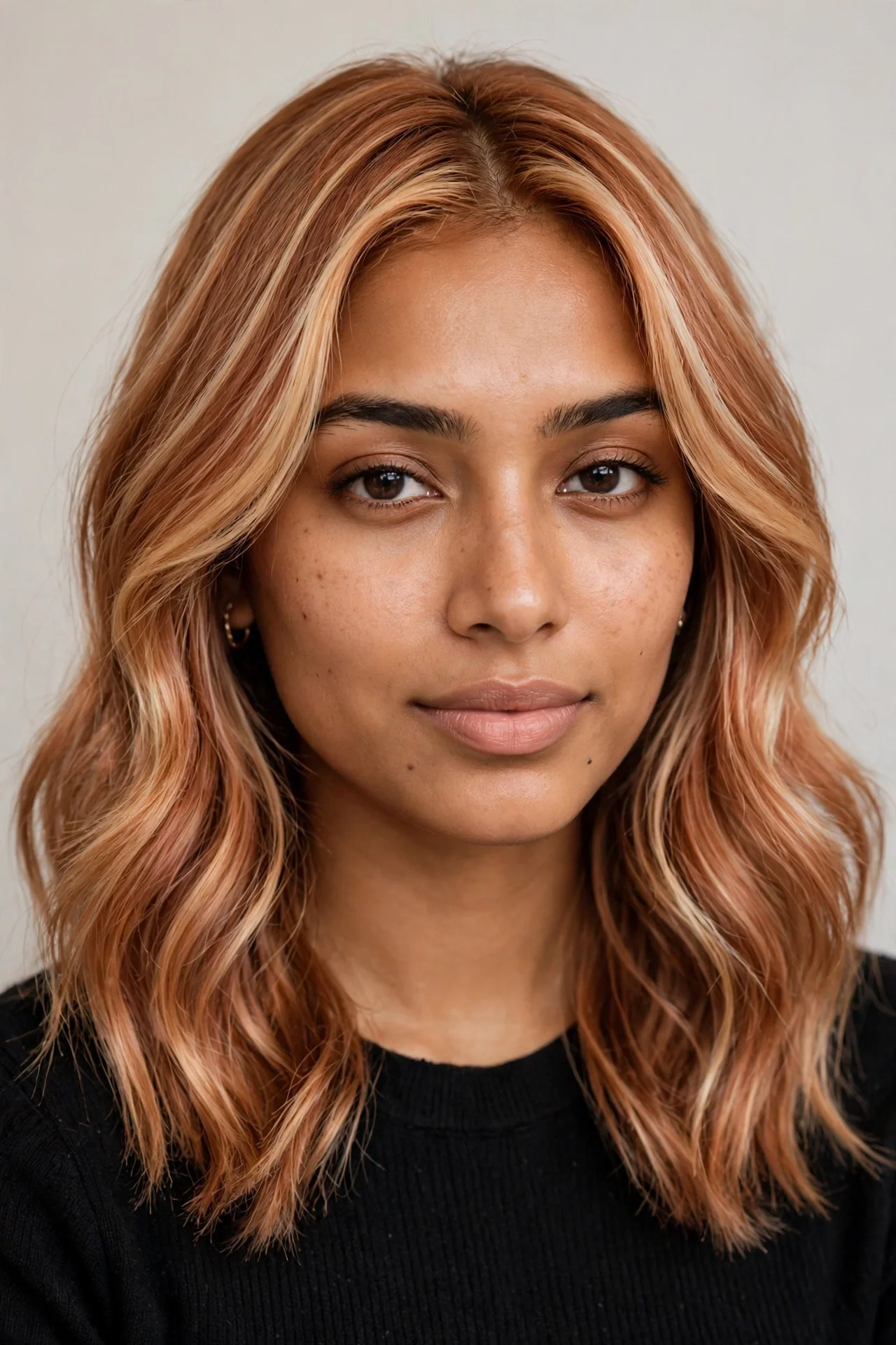 Strawberry blonde with face-framing highlights hair color