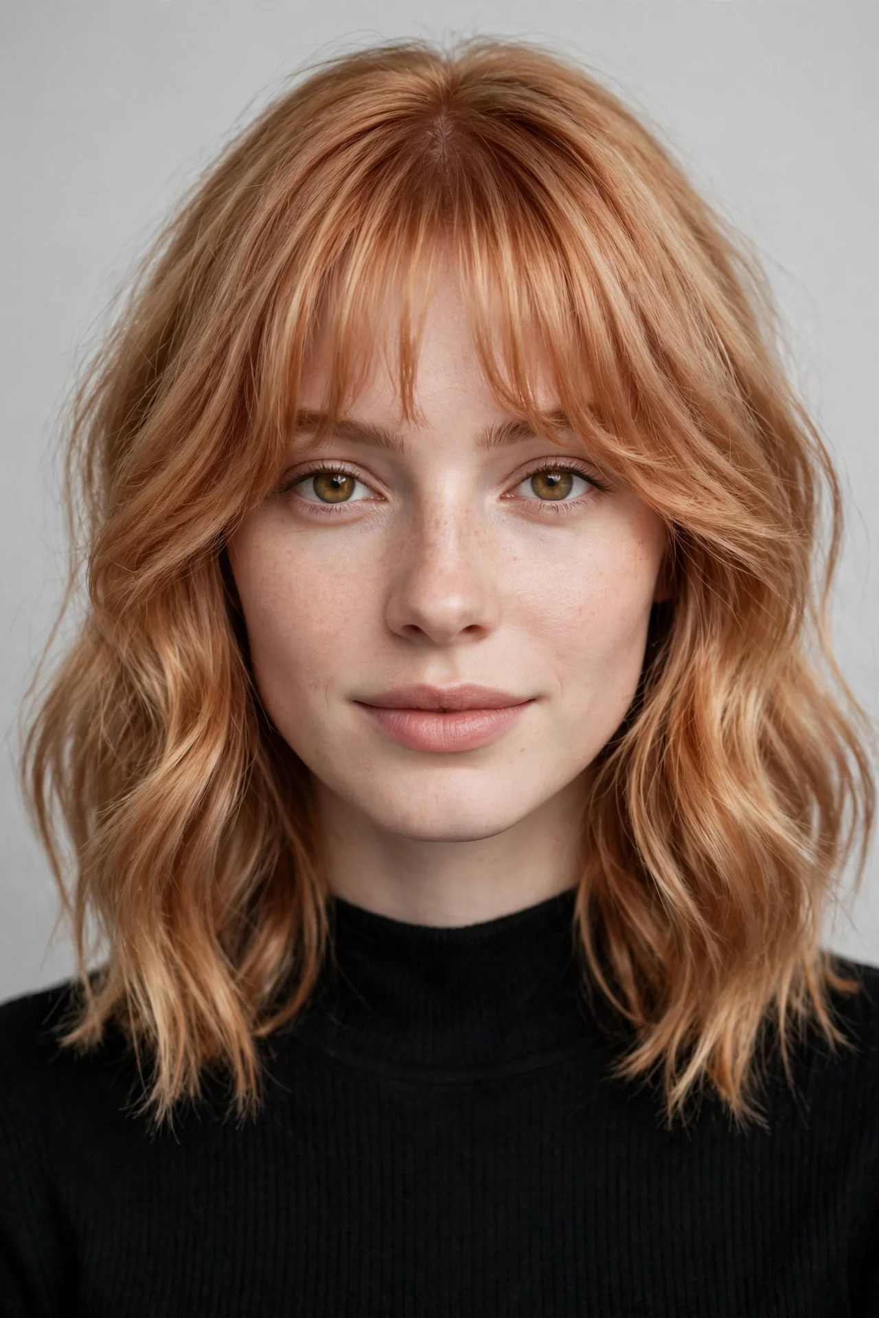 Strawberry blonde with curtain bangs hair color