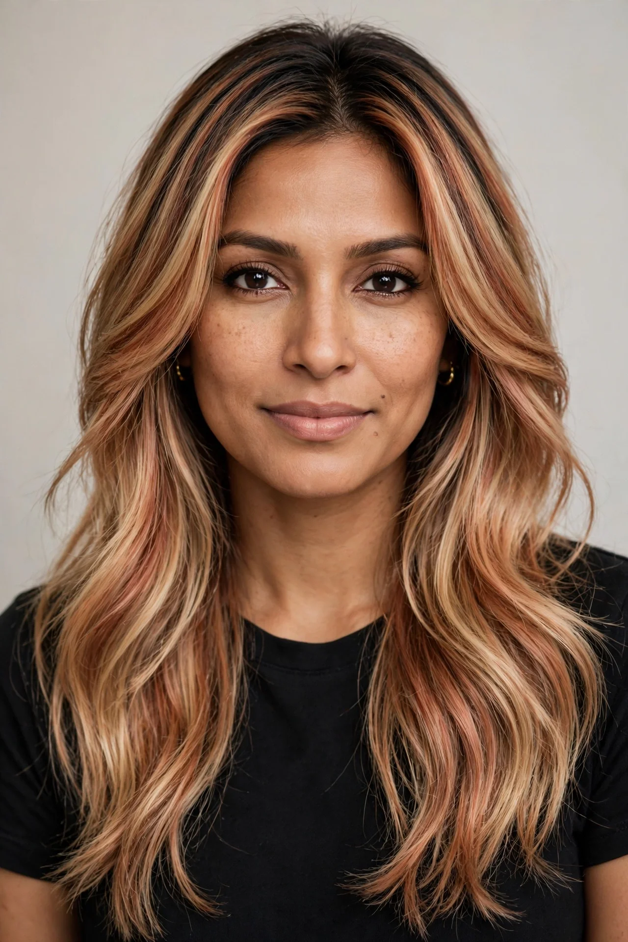 Strawberry blonde balayage on long layers hair color