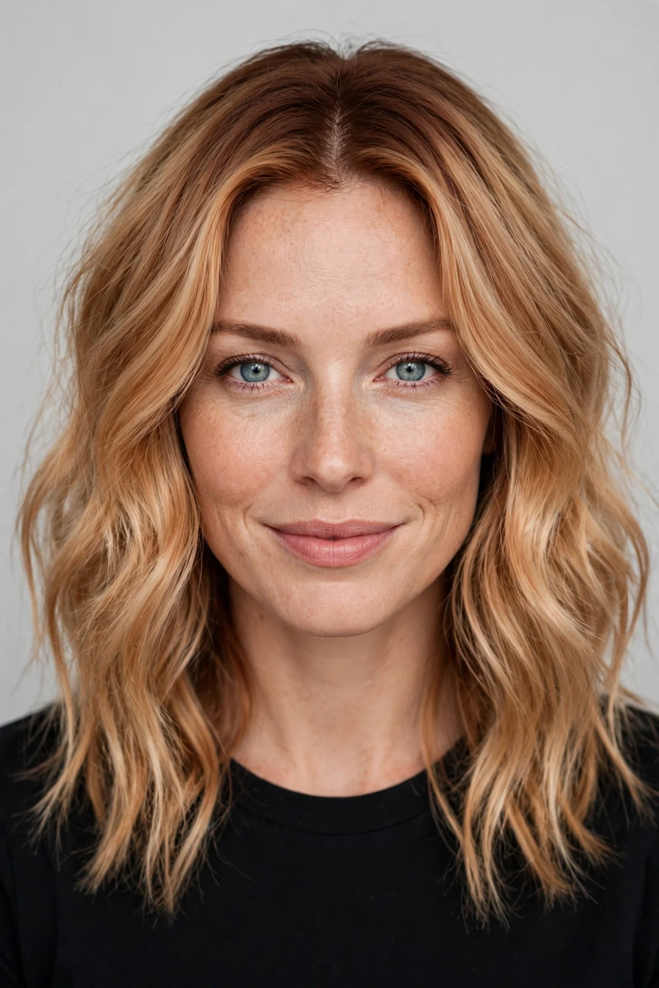 Strawberry blonde with subtle auburn roots hair color